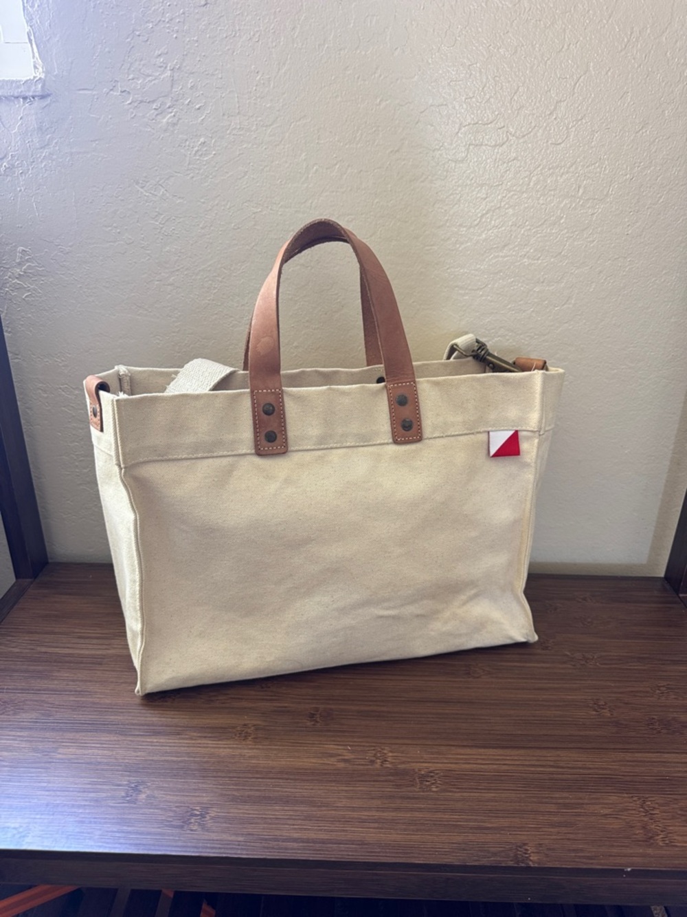 Cream Canvas Messenger Bag with Brown Leather Handles - Picture 5 of 6